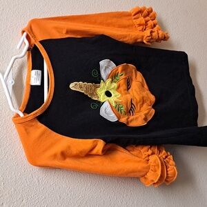 Vibrant Orange and Black Top - Pumpkin & Unicorn - Ruffled Sleeves